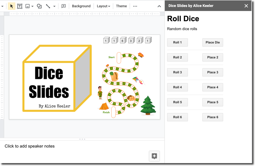 🎲 Make your Google Slides FUN! 

🧩 Install Dice Slides by Alice Keeler

Add game elements to your slides.

workspace.google.com/marketplace/ap…

#ISTElive #GoogleEDU #gamification