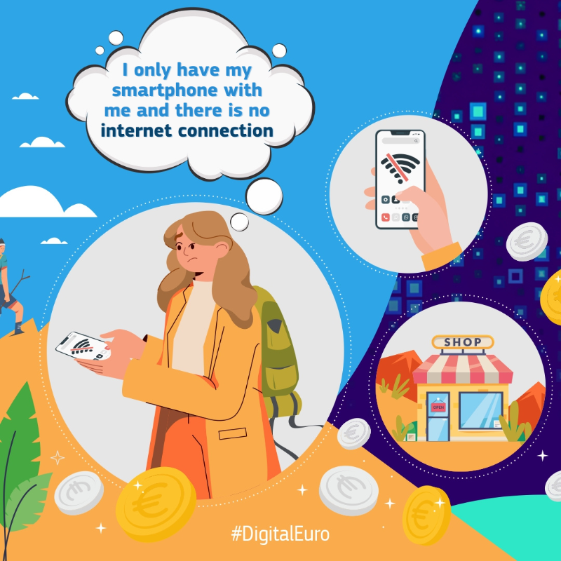 EU_Finance's tweet photo. With the digital euro you could

📲 Make &amp; receive instant payments, even without an internet connection

💳 Pay digitally, even if you don't have a bank account

Swipe left to learn more! #DigitalEuro