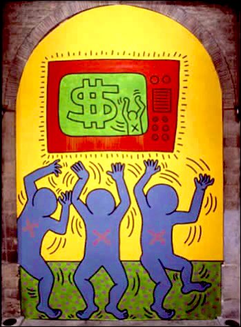 TV is hardhearted, like Lenin.
TV is rational, like mowing.
TV is wrong, often, a worry.
TV is ugly, like the future.
TV is a classic example.

TV is a condition of weightless balance, like a game.
But TV is not a game.

#MondoDiVersi Carson Vetro, ironia e Dio

©️Keith Haring
