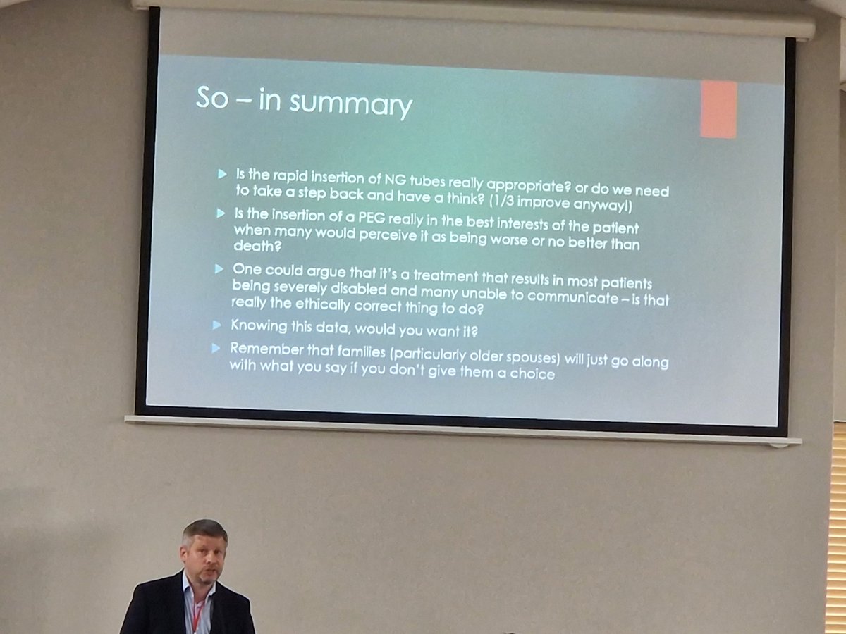Cyflwyniad heriol a difyr gan Dr Andrew Haden yn trafod PEG ao beidio.
A thought-provoking presentation by Dr Andrew Haden about considerations around PEG 
#welshstrokeconf23