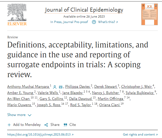 📢New publication in the @JClinEpi as part of the SPIRIT|CONSORT-Surrogate project Definitions, acceptability, limitations, and guidance in the use and reporting of #surrogateendpoints in #RCTs: A scoping review doi.org/10.1016/j.jcli…