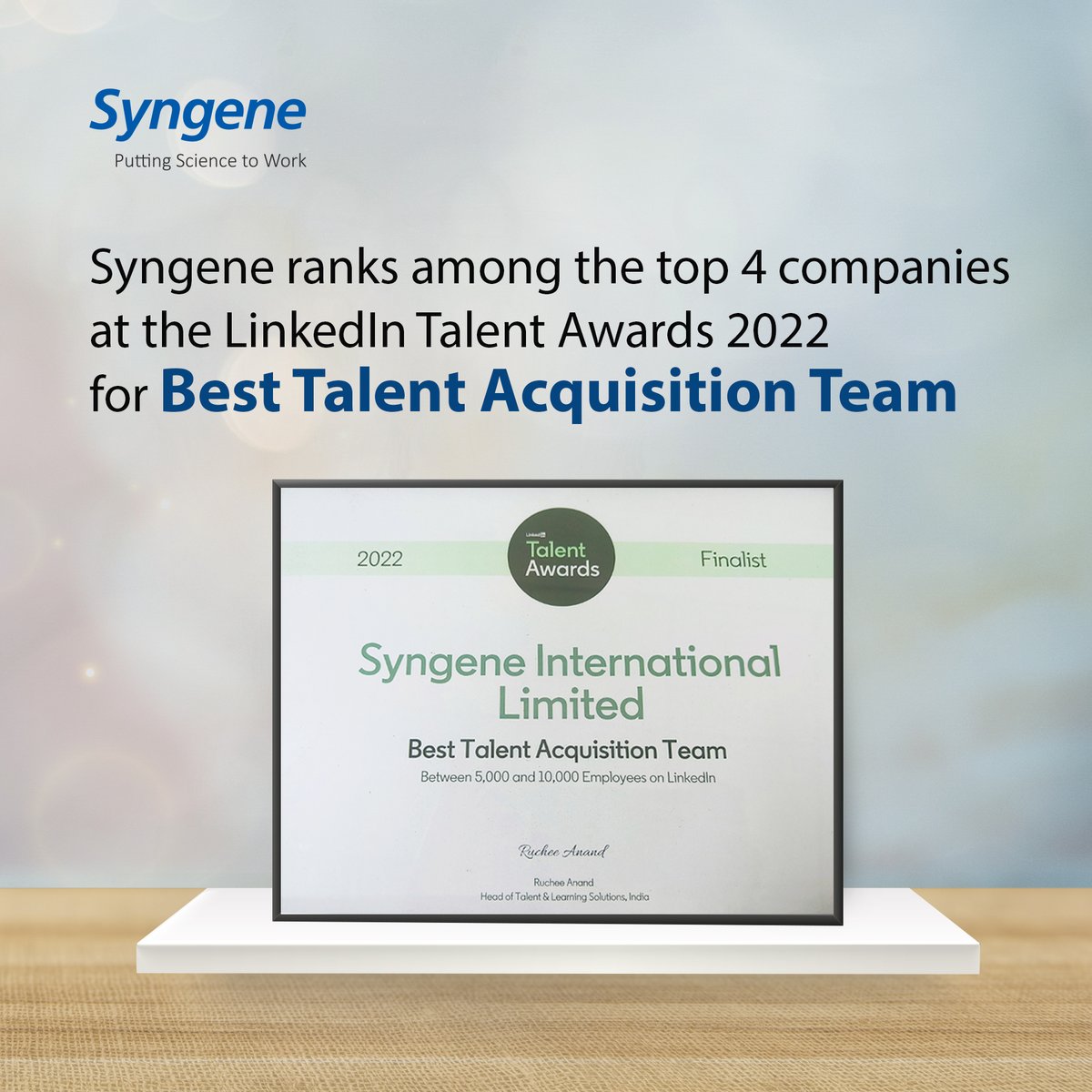 SyngeneIntl's tweet image. Happy to announce, Syngene ranks among the top four companies at the #LinkedInTalent Awards 2022 for Best Talent Acquisition Team.! This recognition is a testament to our incredible talent acquisition team&apos;s hard work &amp;amp; dedication.

@HireOnLinkedIn
#PoweredByInsights
1/2