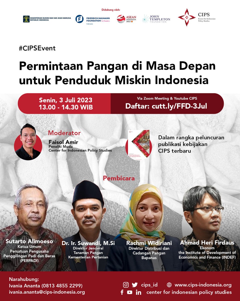 cips_id's tweet photo. Lalu, kebijakan seperti apa yang diperlukan untuk memenuhi kebutuhan #panganindonesia di masa depan, terutama bagi penduduk miskin?
Ikuti langsung diskusinya pada:
๐
Senin, 3 Juli 2023
โฐ 13.00 - 14.30 WIB
๐ป Zoom Meeting & YouTube @cips_id https://t.co/z4KaZ3Blgf