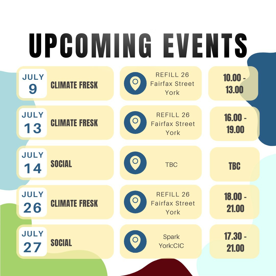 📣Climate science workshops and community social events in July📣

Tickets for #ClimateFresk here: bit.ly/3pqKdjA

We are able to bring these events to the York community for free thanks to <a href="/refillkitchen/">REFILL</a> providing a venue and <a href="/YESIUoY/">YESI</a> for our funding. 🌱🌍