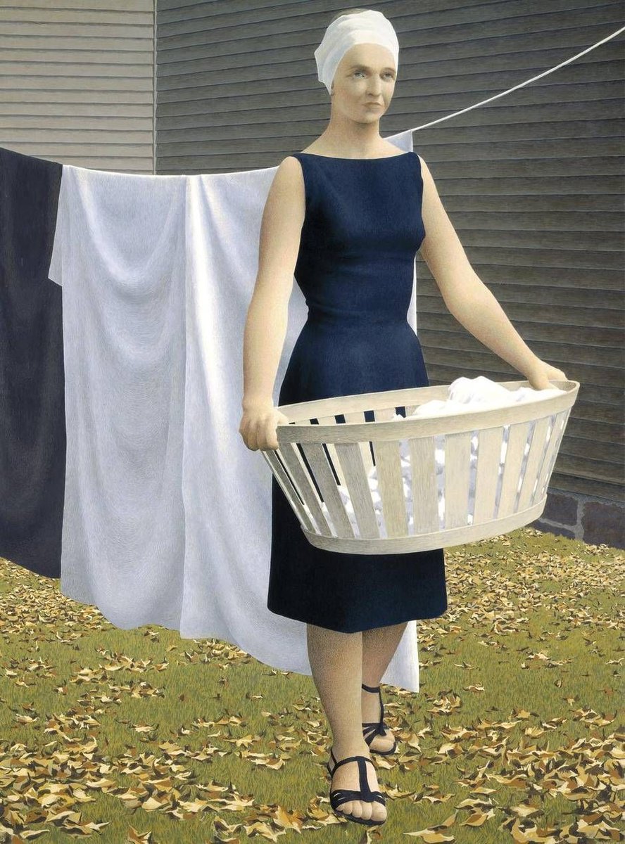 #GoodMorningTwitterWorld 

Today is laundry day for me🏠
Happy Wednesday for you☀️🌡

#Artlovers 
#painting 
#ArtistOnTwitter 
#28Giugno 

#Art #Artist Alex Colville
Woman at clothesline, 1956