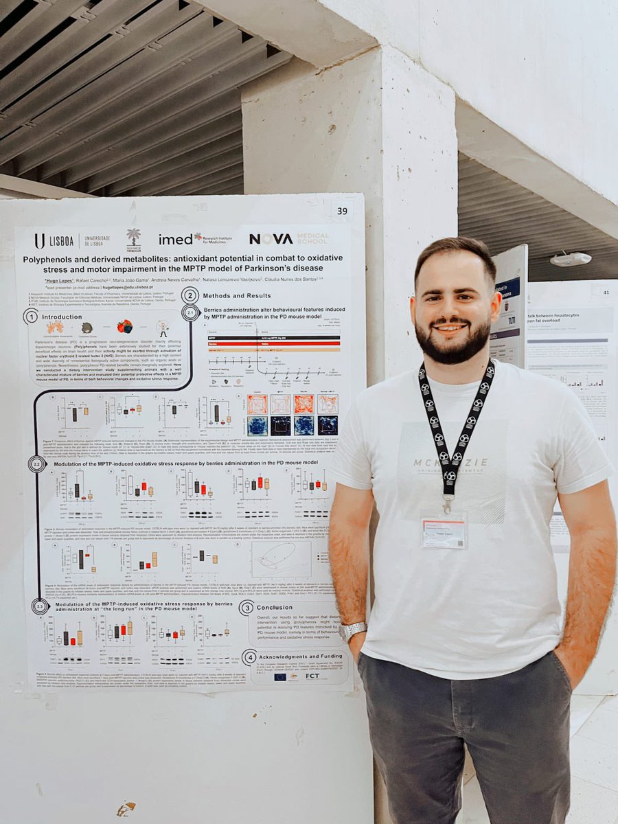 CNSantos_lab's tweet photo. Proud of Hugo Tainha Lopes presenting his poster in 14th @iMedULisboa showing exciting results of his master’s thesis on how polyphenols from food can combat oxidative stress and motor impairment in PD mouse model. Collaboration with @facfarmaciaUL.
@ERC_Research @nova_medschool https://t.co/0oQyNt2jPK