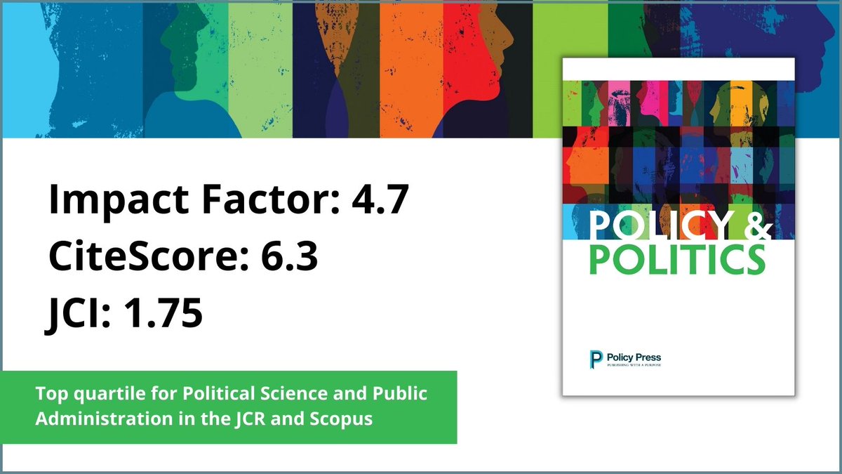 Policy & Politics has received it’s highest ever #ImpactFactor! Our JIF of 4.7 puts us in the top quartile for Political Science & Public Admin. We also had our best ever #CiteScore of 6.3🥳 Thank you to all of of the authors, reviewers & editors who made this possible!🙏