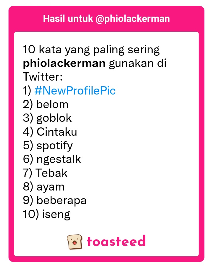 10 kata yang paling sering phiolackerman gunakan di Twitter:

#10kata #toasteed
id.toasteed.com/q3o1hl