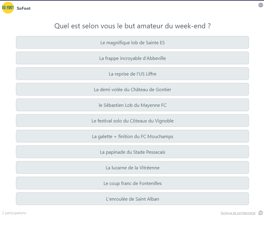 [...]

7/ La galette + finition du <a href="/fcmr_officiel/">FC Mouchamps Rochetrejoux</a> 
8/ La papinade du Stade Pessacais
9/ La lulu de la <a href="/vitreennefoot/">Vitréenne Football Club</a> 
10/ Le coup franc du <a href="/fontenillesfc/">Fontenilles FC</a> 
11/ L'enroulée du FCCP Saint-Alban

Choisis en 1 clic ton préf tout en bas de l'article <a href="/sofoot/">SO FOOT</a> ➡️ miniurl.be/r-4n32