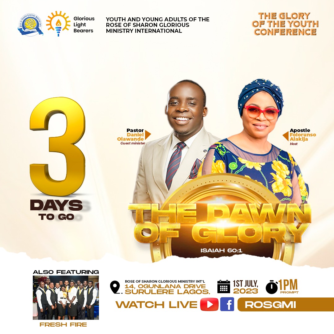#TheGloryoftheYouthConference2023 is in 3 days!🙌🙌

This is your moment to break free from limitations, unleash your inner fire, embrace your destiny, and make an impact that will reverberate for years to come. 🔥🔥🔥

Save the date!

#ROSGMI #3daystogo #GloryOfTheYouth