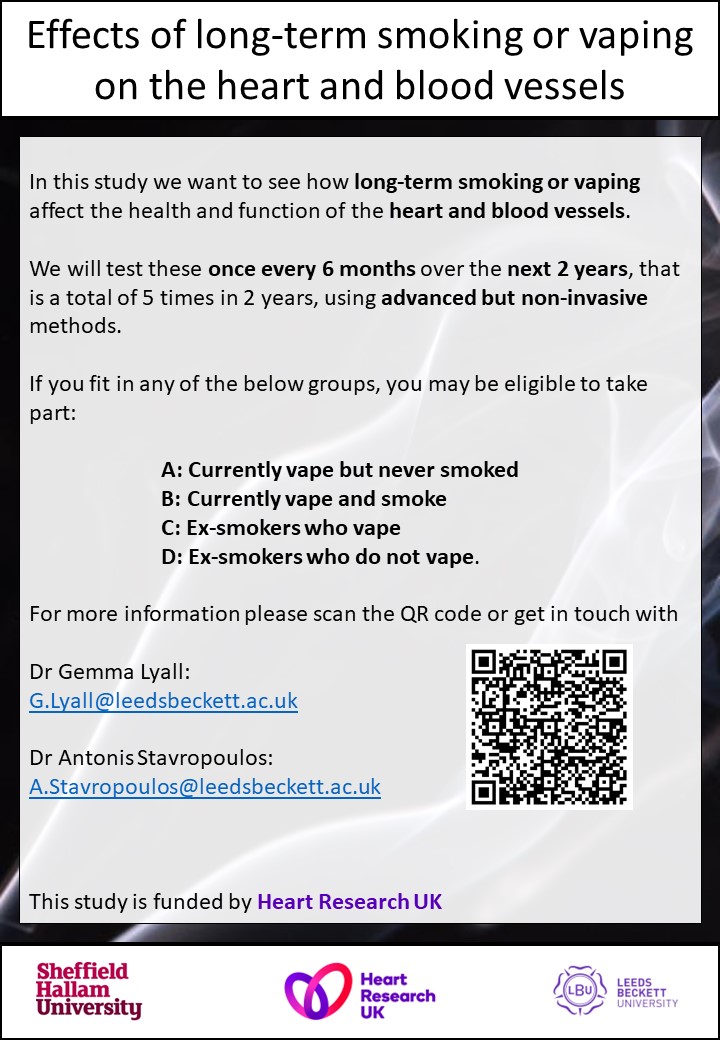 We are looking for participants for our new study assessing how vaping affects the health of blood vessels and the heart. For more information scan the QR code below <a href="/Carnegie_Sport/">Carnegie School of Sport</a> <a href="/CarnegieSEHS/">CarnegieSEHS</a> <a href="/leedsbeckett/">Leeds Beckett</a>