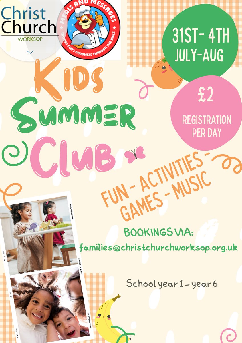 🎉 Calling all kids! Join us for an incredible summer experience at the Church Children Holiday Club: Meals and Messages Edition! 🌟

#worksop #families #children #holiday