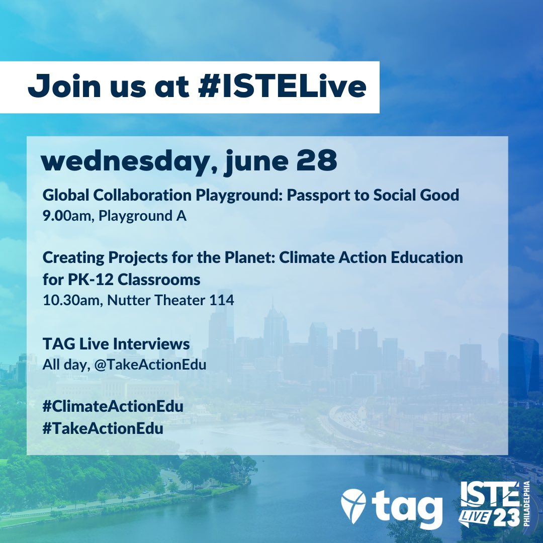 Take Action Global (@takeactionedu) on Twitter photo Wednesday, June 28 at #ISTELive.
Hope to see you at our #TakeActionEdu sessions! Follow #ClimateActionEdu for our live interviews and broadcasts with <a href="/JenWilliamsEdu/">Dr. Jennifer Williams #GoalsProject</a> and @iCoachLindsay!
takeactionglobal.org/lets-take-acti⦠Wednesday, June 28 at #ISTELive.
Hope to see you at our #TakeActionEdu sessions! Follow #ClimateActionEdu for our live interviews and broadcasts with <a href="/JenWilliamsEdu/">Dr. Jennifer Williams #GoalsProject</a> and @iCoachLindsay!
takeactionglobal.org/lets-take-actiβ¦