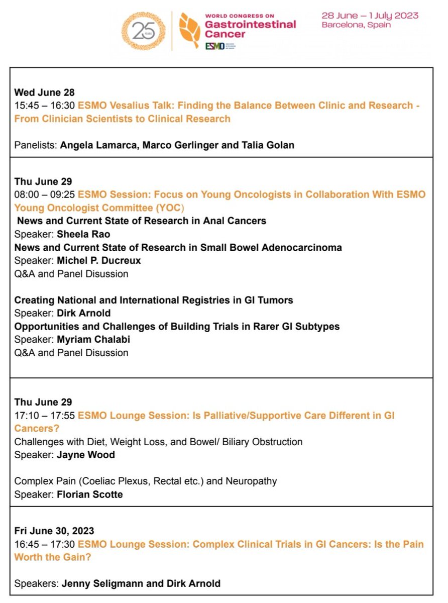 Coming to Barcelona for #WCGIC2023 ?
Join us for 4 (!!) amazing sessions especially put together for #youngoncologists by @myESMO #YOC
We have gathered amazing speakers for you and will cover all areas that young oncologists need to know for great careers in GI oncology!