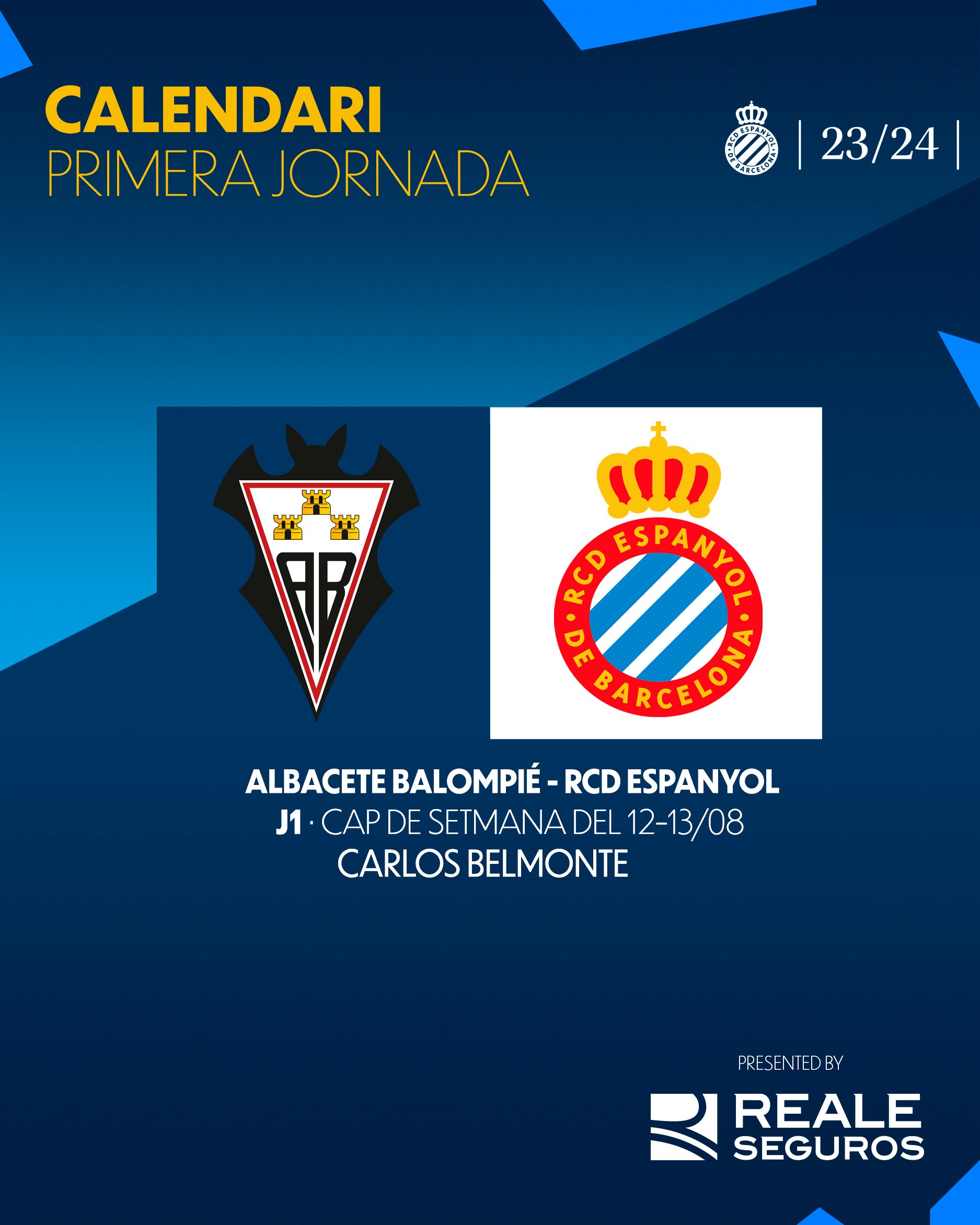 RCD Espanyol de Barcelona on Twitter: "🗓️ tenim calendari per a la temporada 23/24! ✓ 𝐏𝐫𝐢𝐦𝐞𝐫 𝐫𝐢𝐯𝐚𝐥: @AlbaceteBPSAD 👉🏻 12/13 d'agost 🏟️ Carlos Belmonte #RCDE / Twitter