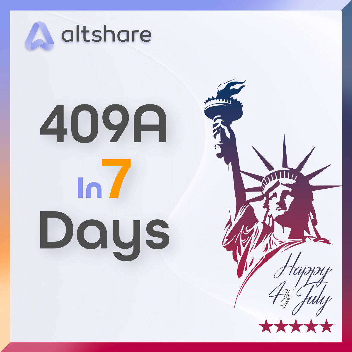 Altshare1's tweet photo. You don't need to wait until Independence Day to celebrate!  🇺🇸 🎉
Your time is valuable. Get a fast, accurate 409A valuation ASAP.

#stockmarkets #independenceday #4thofjuly2023  #409A https://t.co/H8dd3nQSV3