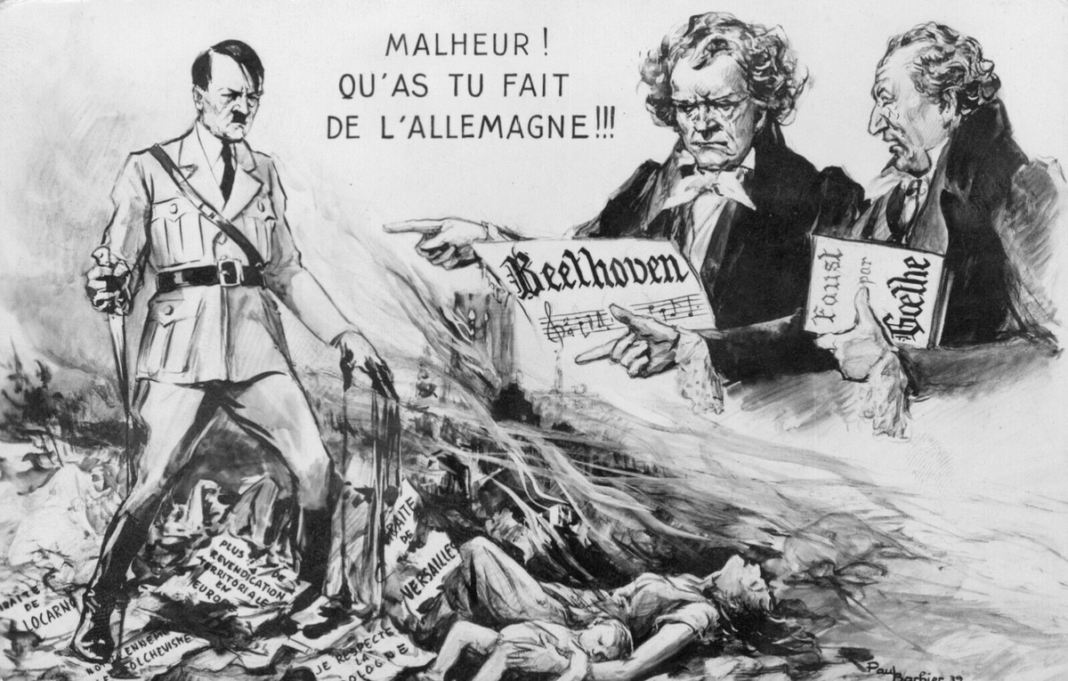 French postcard from 1939 showing Beethoven and Goethe condemning Hitler: 'Woe! What you have made of Germany!!!'