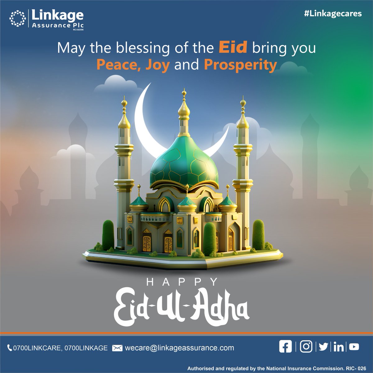 LinkageNg's tweet photo. May this special occasion of Eid be a blessing to you and your family.
Happy Eid-ul-Adha from all of us at Linkage Assurance PLC.
Need Insurance? Please visit https://t.co/OVpYUJVBQe
#Eid #Eidelkabir #Eidmubarak #Muslim #Allah #Linkagecares #Protectionthatcounts https://t.co/PC5Kgpa29y