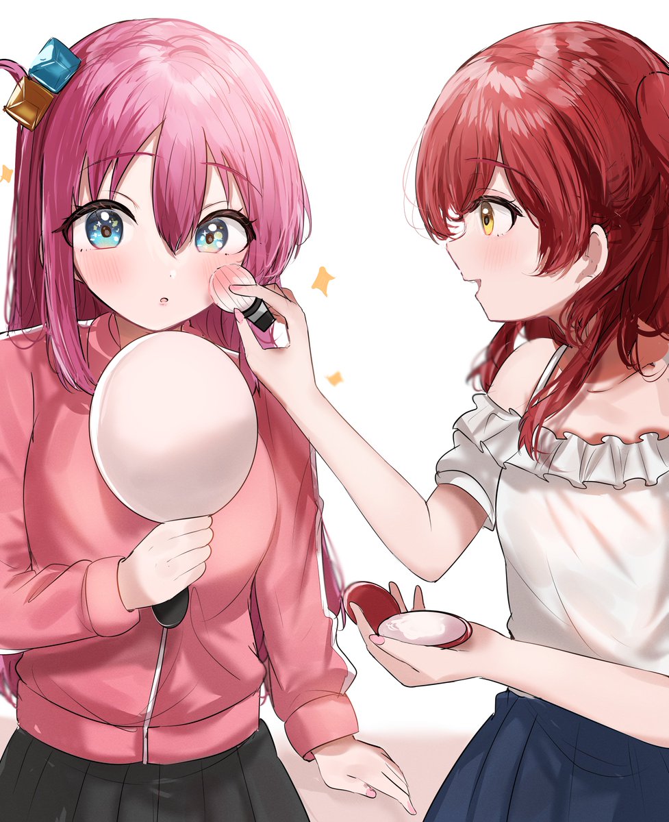 gotou hitori multiple girls applying makeup 2girls red hair cube hair ornament hair ornament pink hair  illustration images