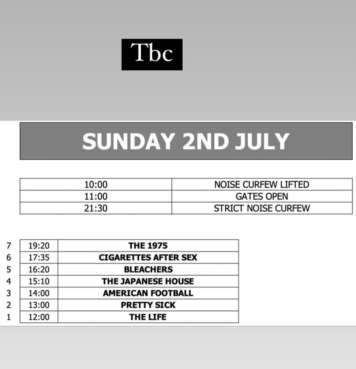 Draft timetable for Sunday at Finsbury Park 

📸: Hann 

#The1975 #The1975ontour