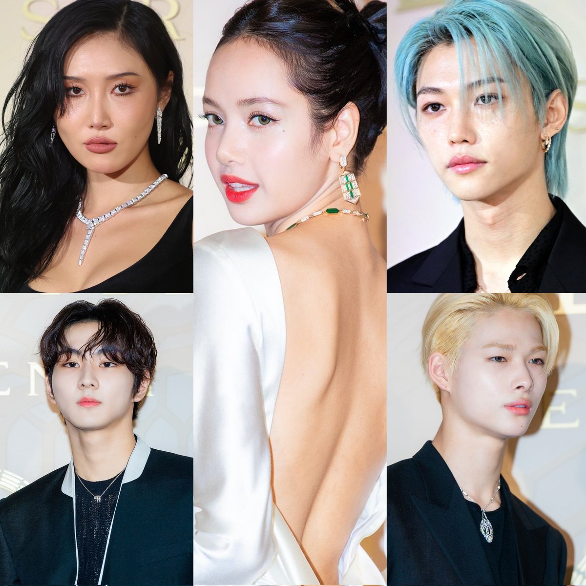 Hwasa, Stray Kids Felix, ENHYPEN Ni-ki & Jungwon, and BLACKPINK Lisa at the Bulgari Event in Seoul today.