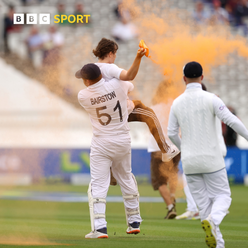 bbctms's tweet photo. Protestors wearing Just Stop Oil T-shirts briefly disrupted the first morning of the second Ashes Test, with one carried off the Lord's ground by England wicketkeeper Jonny Bairstow.

#BBCCricket #Ashes