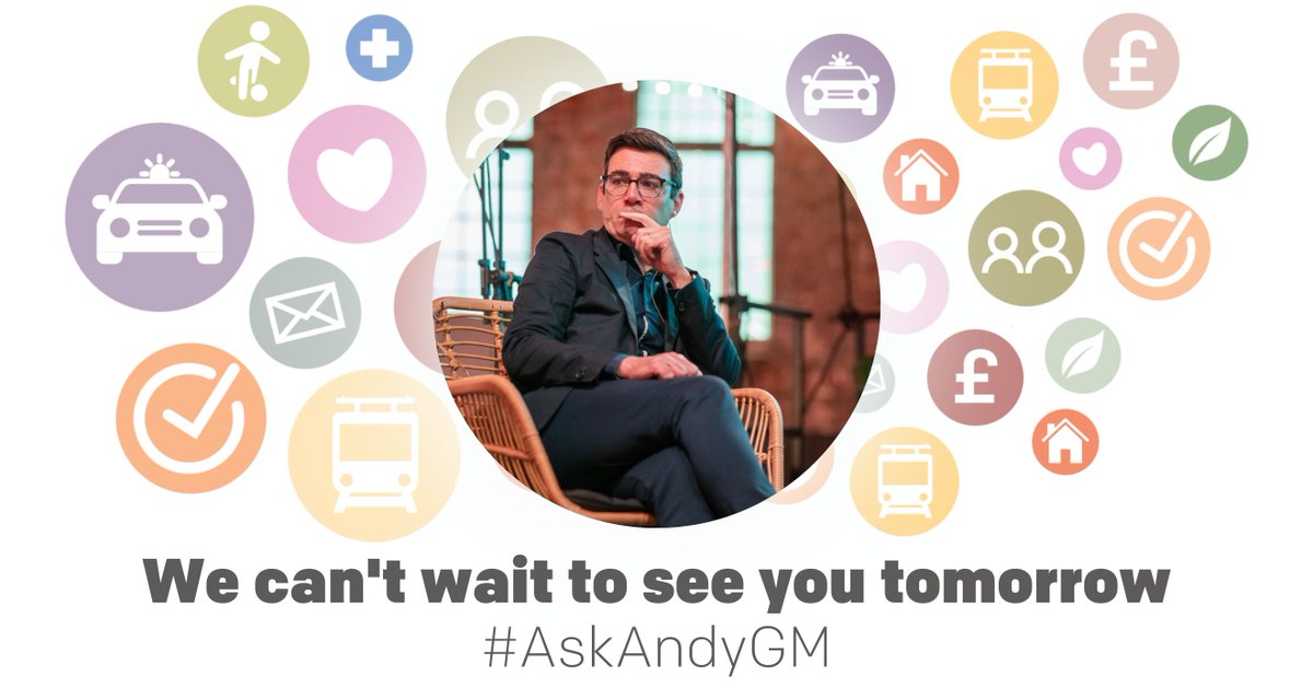 Thank you to everyone who has booked their spot for the #AskAndyGM Question Time event. 

We can’t wait to see you tomorrow ❤️

Can’t attend? Watch it live from 7.30pm 👇 
youtube.com/c/MayorofGM