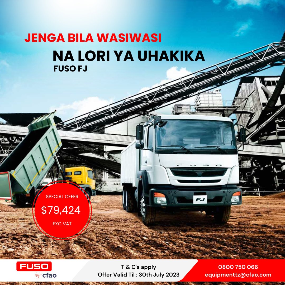 cfao_mobilitytz's tweet photo. FUSO FJ is designed with a longer chassis built to last longer and support heavier loads with ease in all terrain.
Buy now at special offer price, Remember asset financing option of upto 5 years is also available.
Call us : 0800 750 066
*T & C's Apply
#fusofj #ujenzi https://t.co/WLm0Wmcj6f
