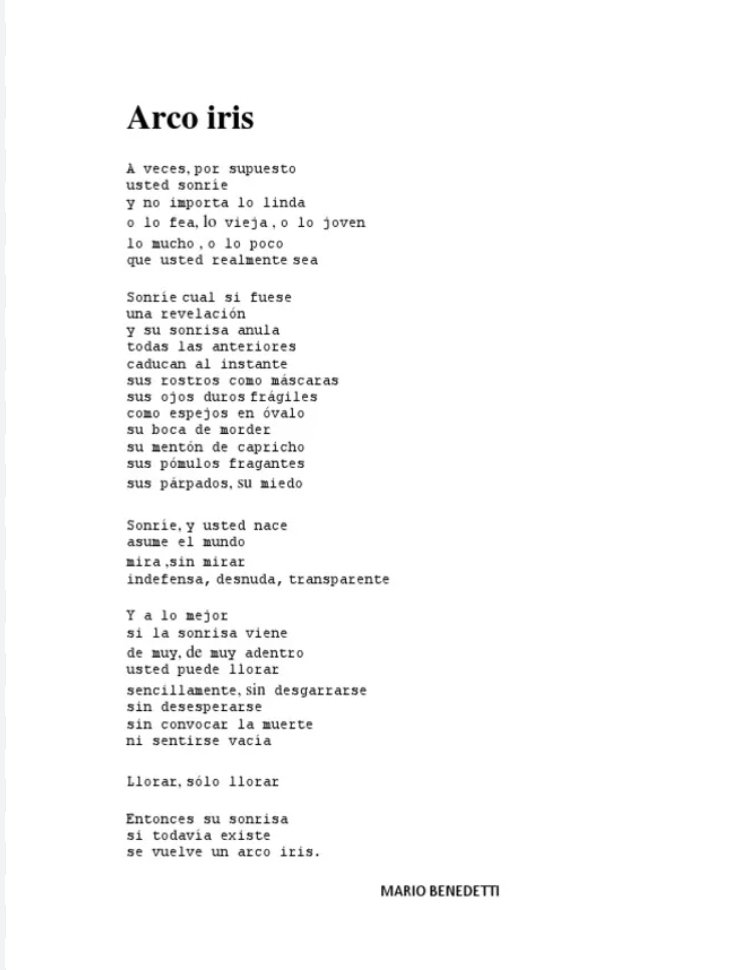 Bon dia,

Entonces su sonrisa
si todavía existe
se vuelve un arco iris.

Hoy, más que nunca 💪
🌈🌈🌈🌈 🌈

Arco Iris
Mario Benedetti