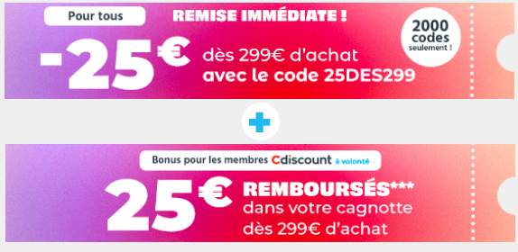 le_crocodeal's tweet image. Bon plan #Cdiscount pour les membres CDAV : 25€ de réduction + 25€ cagnottés dès 299€ d'achat avec le code promo 25DES299 (hors exclusions). Uniquement 2000 codes dispo 👀

✅ En profiter : tidd.ly/43Onm0S
✅ Devenir CDAV : tidd.ly/3m7UUFW

#Soldes #CodePromo
