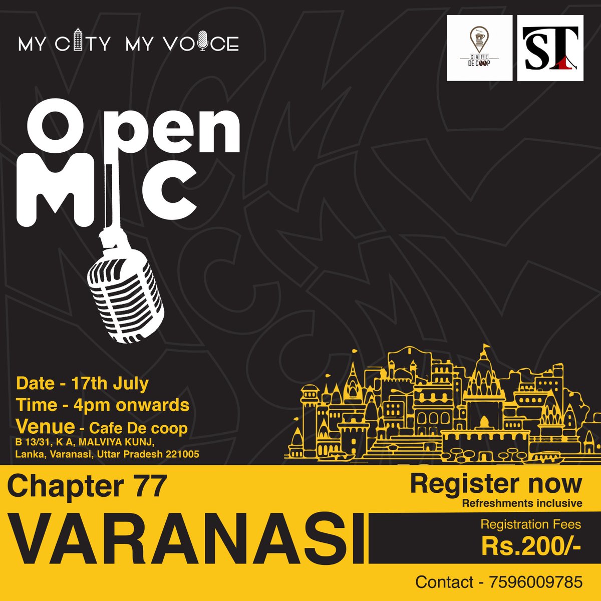 AtraskiOfficial's tweet photo. Happy to announce our new My City My Voice Open Mic event Chapter 77 VARANASI. 
We invite all the talented performers in Varanasi to join us.

Link - https://t.co/qOOetsqpY9

#varanasisingers #varanasi_ghat #chapter77 #trending #viral #singing🎤 #poetrycommunity #PerformanceArt https://t.co/MpFnYb3tZ3