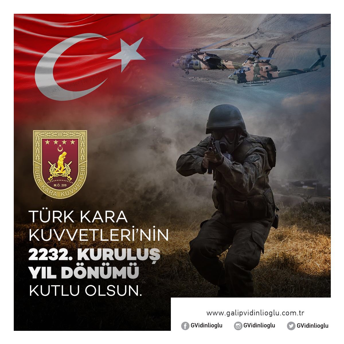 Türk Kara Kuvvetleri'nin 2232. kuruluş yıl dönümünü tebrik ediyorum. 🇹🇷

Vatanımızın dört bir yanında; milletimizin huzur ve güvenliği için mesai yapan şanlı ordumuzun her bir ferdine kolaylıklar diliyorum.