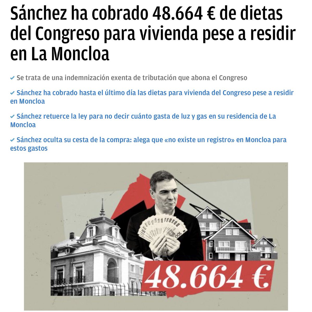 Pedro Sánchez ha cobrado dietas por valor de 48664 € en concepto de vivienda, a pesar de vivir en la Moncloa…

Recuerda el día 23 J, que este es el gobierno de la gente.