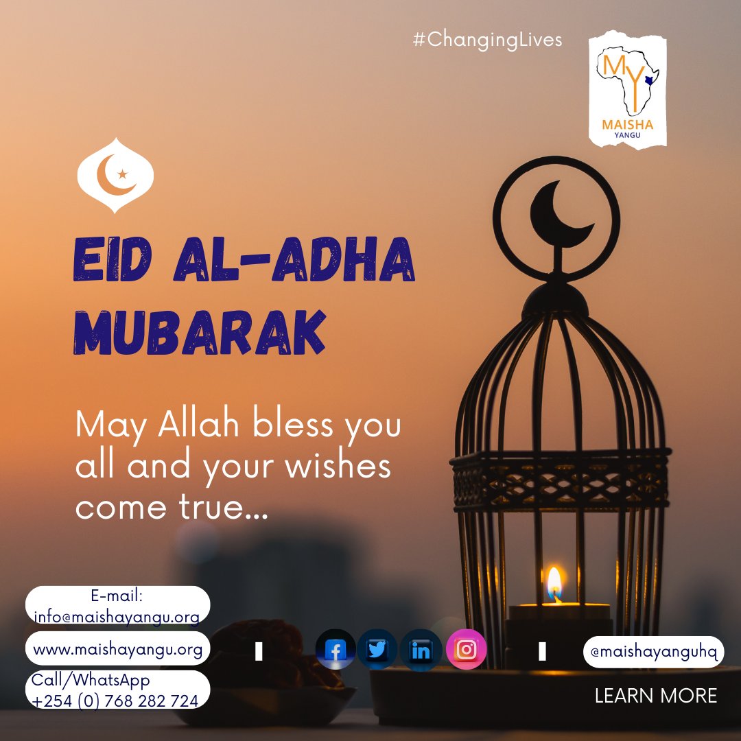 MaishaYanguHQ's tweet photo. "Eid Al-Adha Mubarak! Wishing you a blessed festival filled with #joy, #peace, and the blessings of sacrifice. May this auspicious occasion bring unity, love, and prosperity to you and your loved ones. 

#EidAlAdha #EidMubarak" https://t.co/G8LWIbcjki