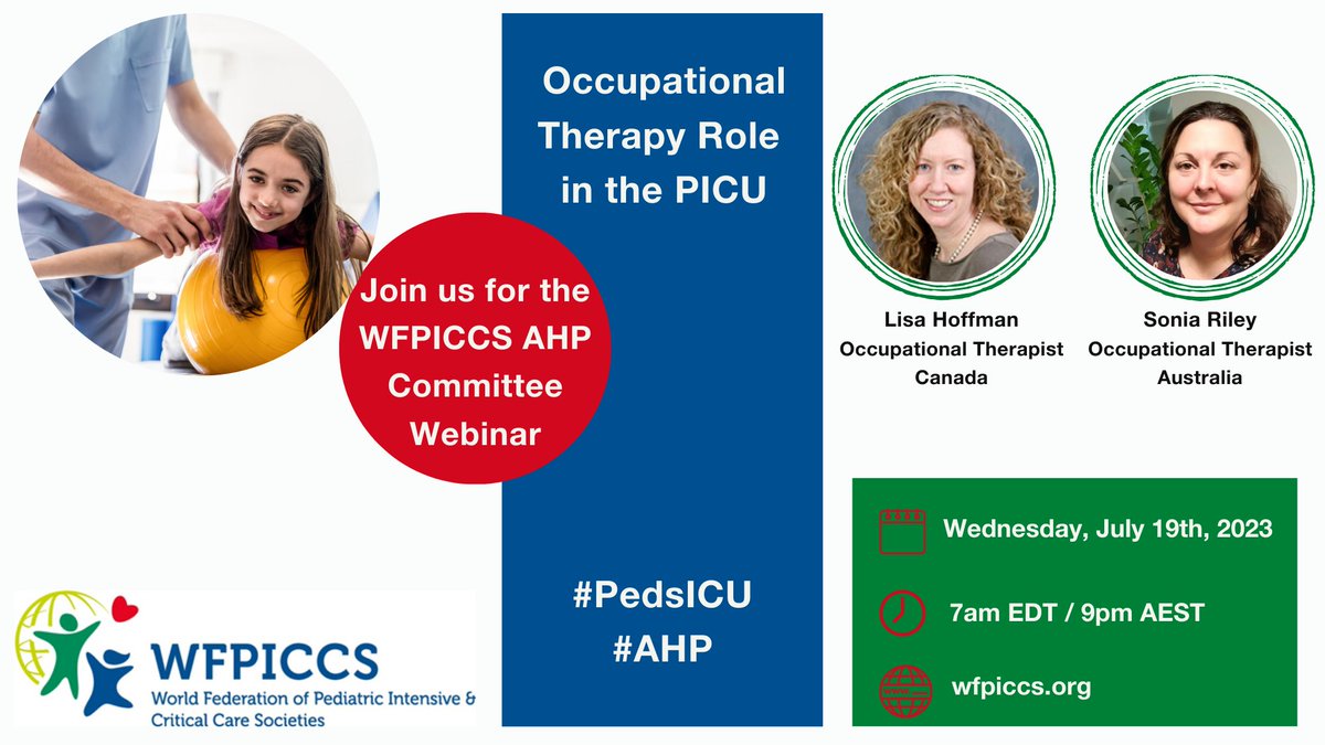 📢An #AHP Committee webinar coming your way! 🧑🏻‍💻Wed, July 19th 2023 ⏱7am EDT / 9pm AEST ✍️Register 👉tinyurl.com/y6mjtdfr ➡️Sonia Riley & Lisa Hoffman outline the OT perspective & role as related to cases , incl. tips for quick wins which can be used in all settings #PedsICU