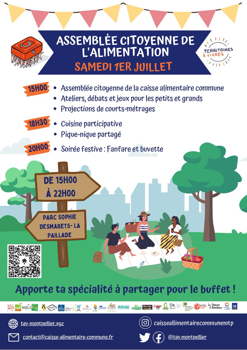 Deuxième Assemblée citoyenne de l'alimentation ! Rendez-vous samedi 1er juillet à 15h au Parc Sophie Desmarets à Montpellier, quartier Mosson.
L'occasion de rassembler habitant-es, participant-es et partenaires de la #caissealimentairecommune😀