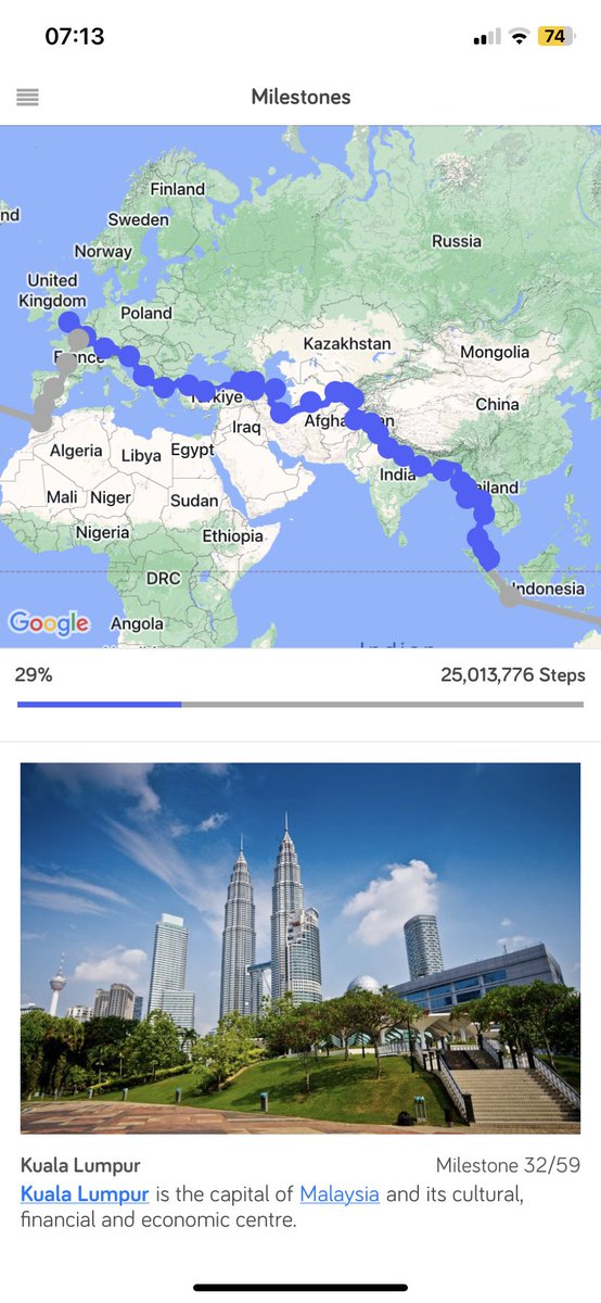 Half way point on @WiPUK 2 week walking challenge. 85 teams have reached Kuala Lumpur, 29% around the world. A total of 25,013,776 steps. Incredible effort from all. Top teams (4 people) contributing 414km!!! #StepintoSummer23 @StrideTreglown @burohappold #FulkersBaileyRussell