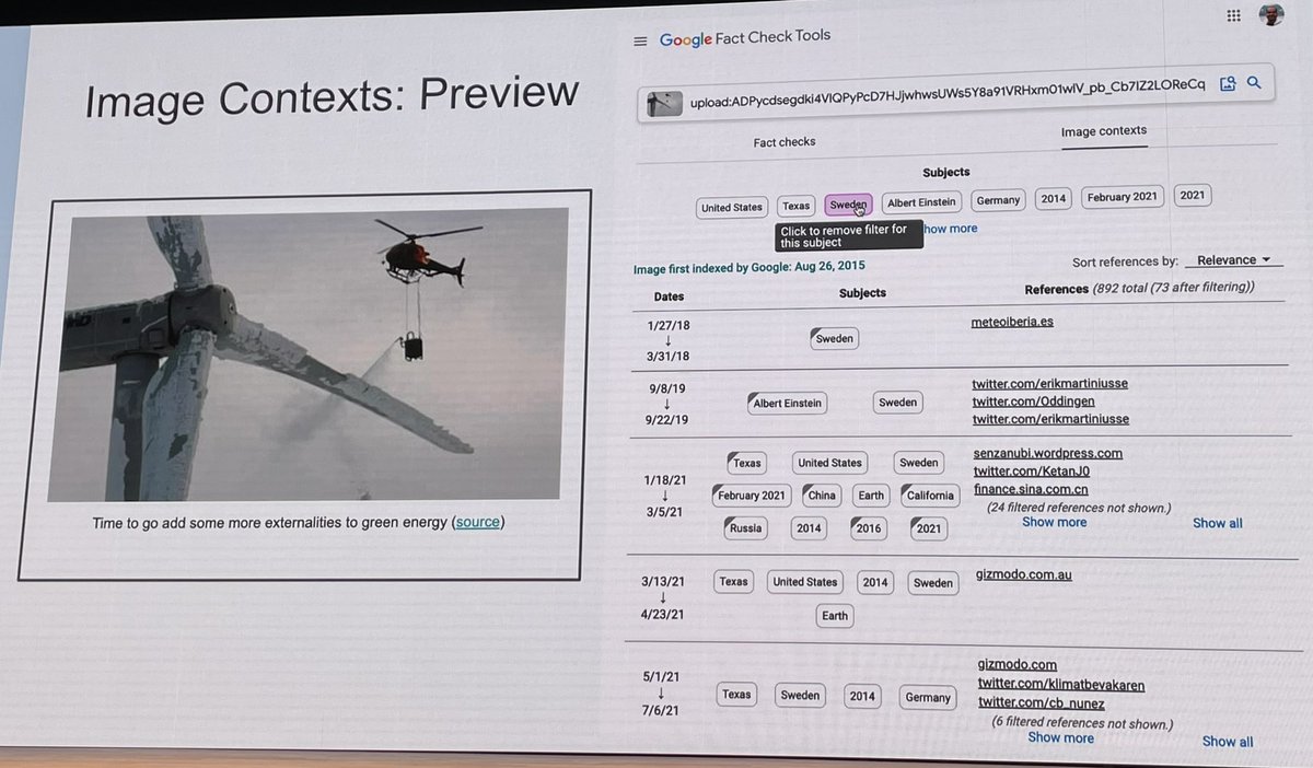 Big #osint and digital verification news: Google is beta testing a reverse image search tool that gives info such as the date an image was first indexed, as well as location info on a timeline!!! Just shown at #GlobalFact10