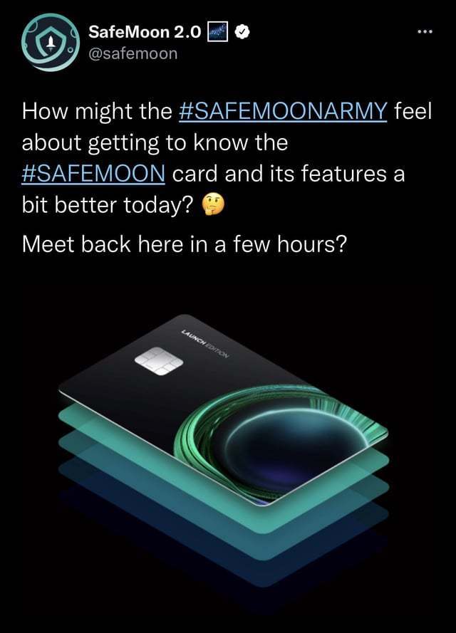 CSong14812819's tweet photo. As promised, more information on the Safemoon card will be available soon. Keep an eye out for updates! https://t.co/O60UPIoBm0