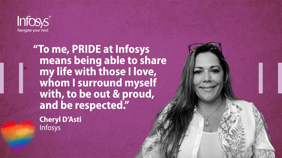 Infosys's tweet image. At Infosys, we work hard to cultivate a culture of support, so team members like Cheryl can be “out and proud” at work! 🏳️‍🌈#InfosysPride23 #PrideWithInfosys #PrideMonth