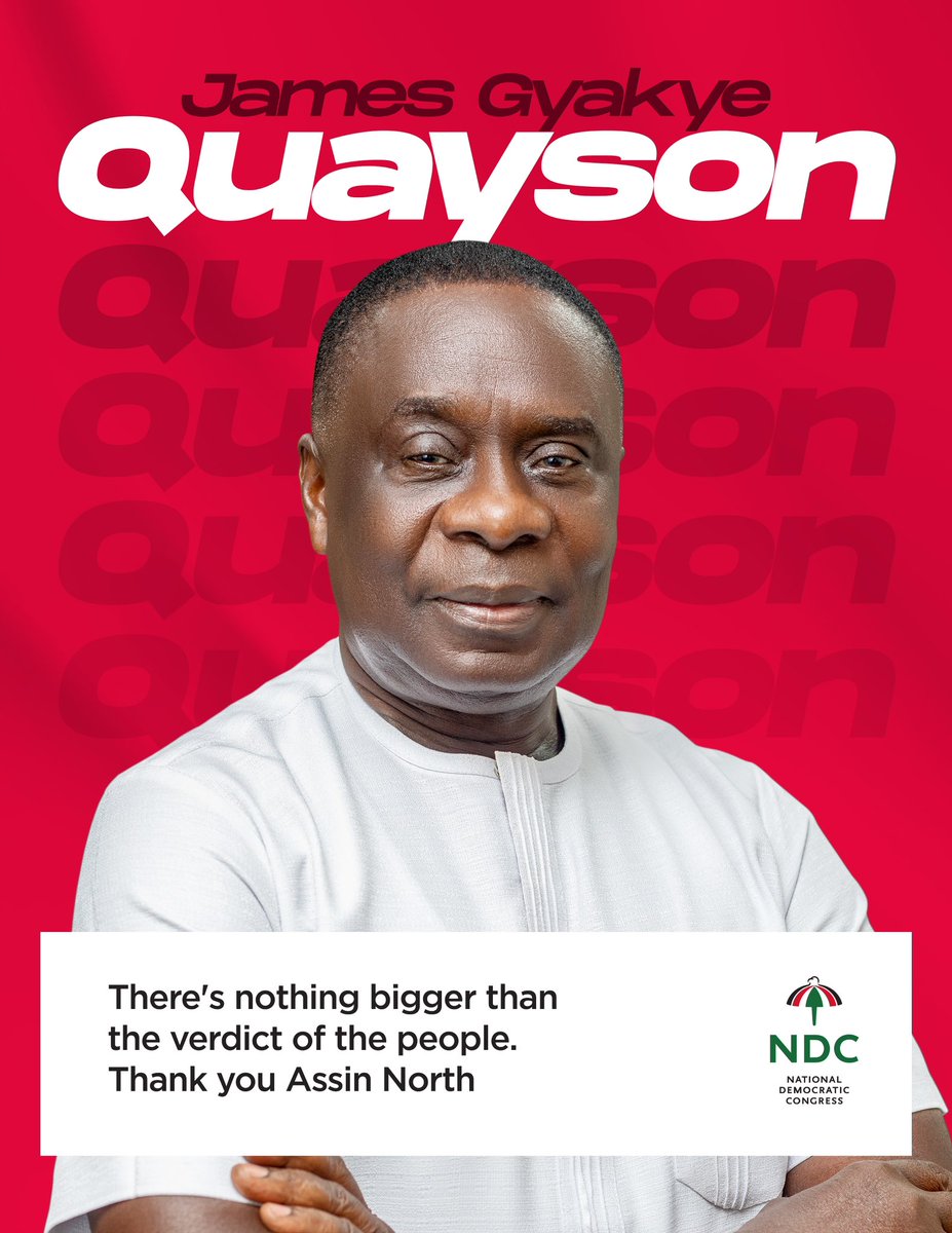 A big thank you, Assin North, for supporting James Gyakye Quayson and rejecting the non-performing NPP in the by-election. Your vote for Justice and Development is truly inspiring. 

Let's keep working together to build the Ghana we all dream of. #ThankYou
#AssinNorth