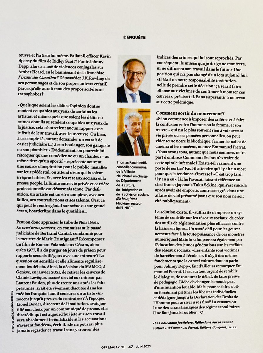 EmmanuelPierrat's tweet photo. 2/2) J’y suis interviewé à propos de mon livre « Les Nouveaux Justiciers. Réflexions sur la Cancel Culture » (Bouquins) !
#cancelculture #censure #culture #suisse #lesnouveauxjusticiers #emmanuelpierrat #offmagazine https://t.co/lAHJfPG4sY