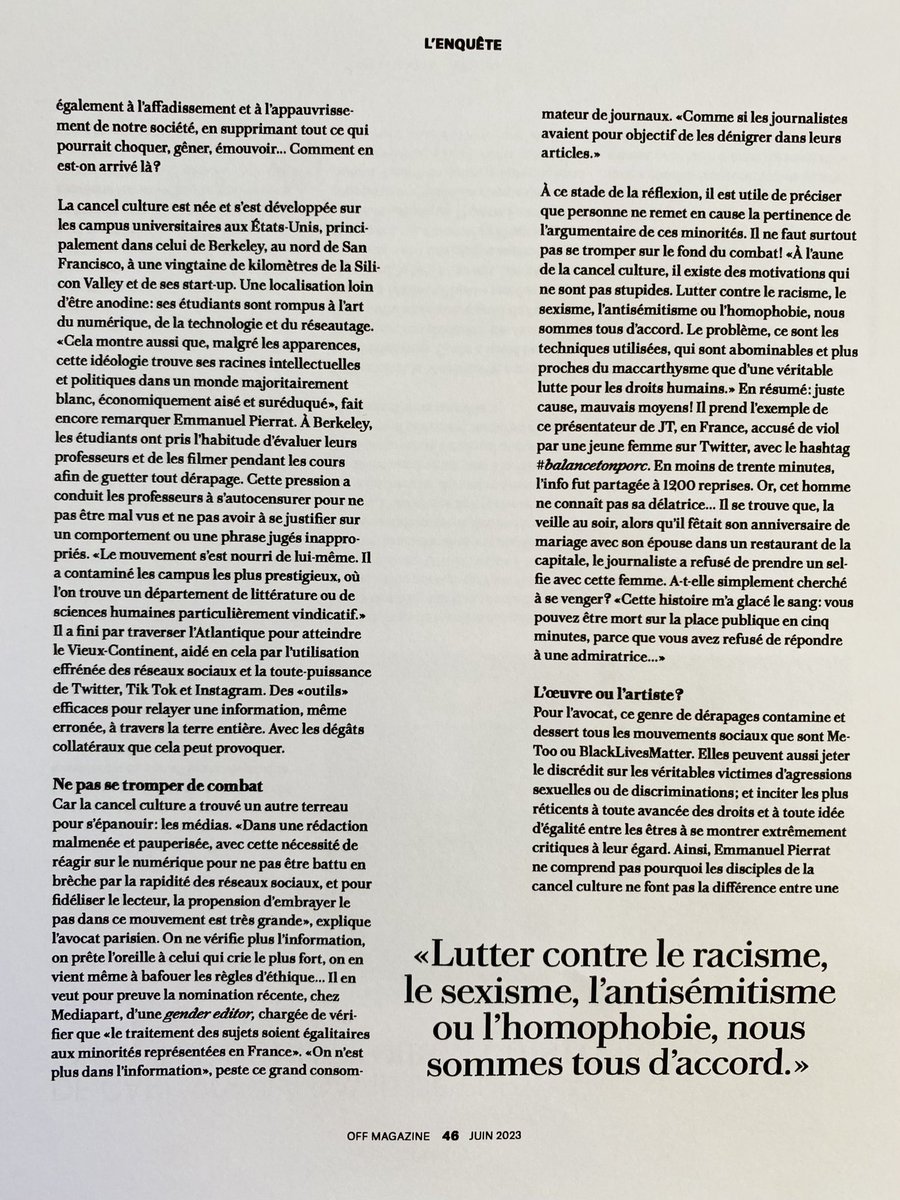 EmmanuelPierrat's tweet photo. 2/2) J’y suis interviewé à propos de mon livre « Les Nouveaux Justiciers. Réflexions sur la Cancel Culture » (Bouquins) !
#cancelculture #censure #culture #suisse #lesnouveauxjusticiers #emmanuelpierrat #offmagazine https://t.co/lAHJfPG4sY