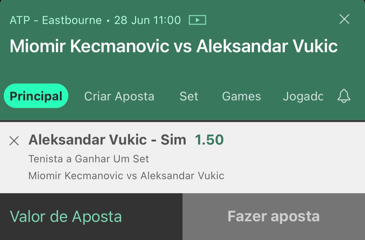 Acordei com uma vontade de ir contra o Kecmanovic 

Desde que assisti pessoalmente ele jogar as duas finais do Estoril Open eu não consigo mais jogar a favor do Kec

Dito isso, to com 1% no set do Vukic 🇦🇺

DITO ISSO, SE BATER VOU DOAR DUAS BANCAS PRA VCS. 

REGRAS: ✅✍🏼🔁 o post