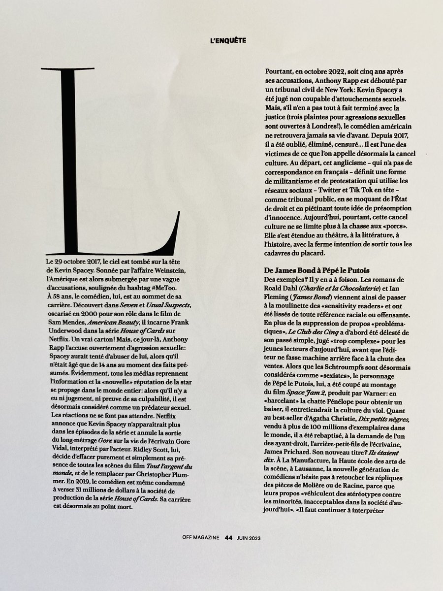 EmmanuelPierrat's tweet photo. 1/2) Lisez mes propos sur la Cancel Culture dans ce long article de @off_magazine_ch , journal suisse du milieu de la culture…
#cancelculture #censure #culture #suisse #lesnouveauxjusticiers #emmanuelpierrat #offmagazine https://t.co/7rQjWLU3ot