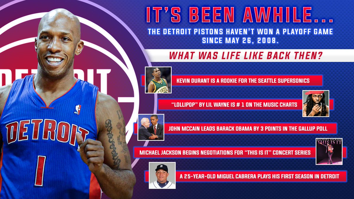 15 years without a playoff win.

What was life like the last time the Detroit Pistons won a playoff game?