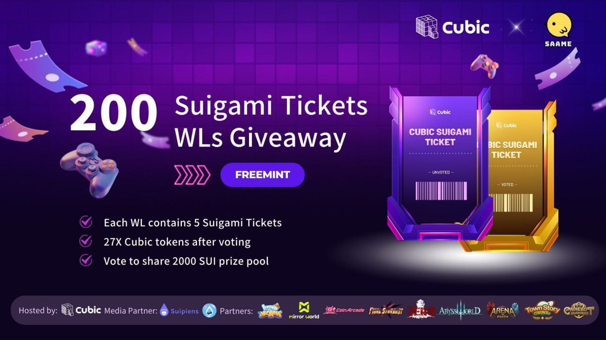 🎉 <a href="/cubicgamesxyz/">Cubic 🎮</a> x <a href="/Saame_app/">SAAME</a> Collab!

#Giveaway 200 Suigami tickets WLs🎫#Freemint

🎁Vote to share a prize pool of 2000 SUI
✅ Win tickets: shorturl.at/rstuK

➡️ Vote here: bit.ly/3CMHdBe
⏰ Timeline &amp; Rules: bit.ly/46eDcTp