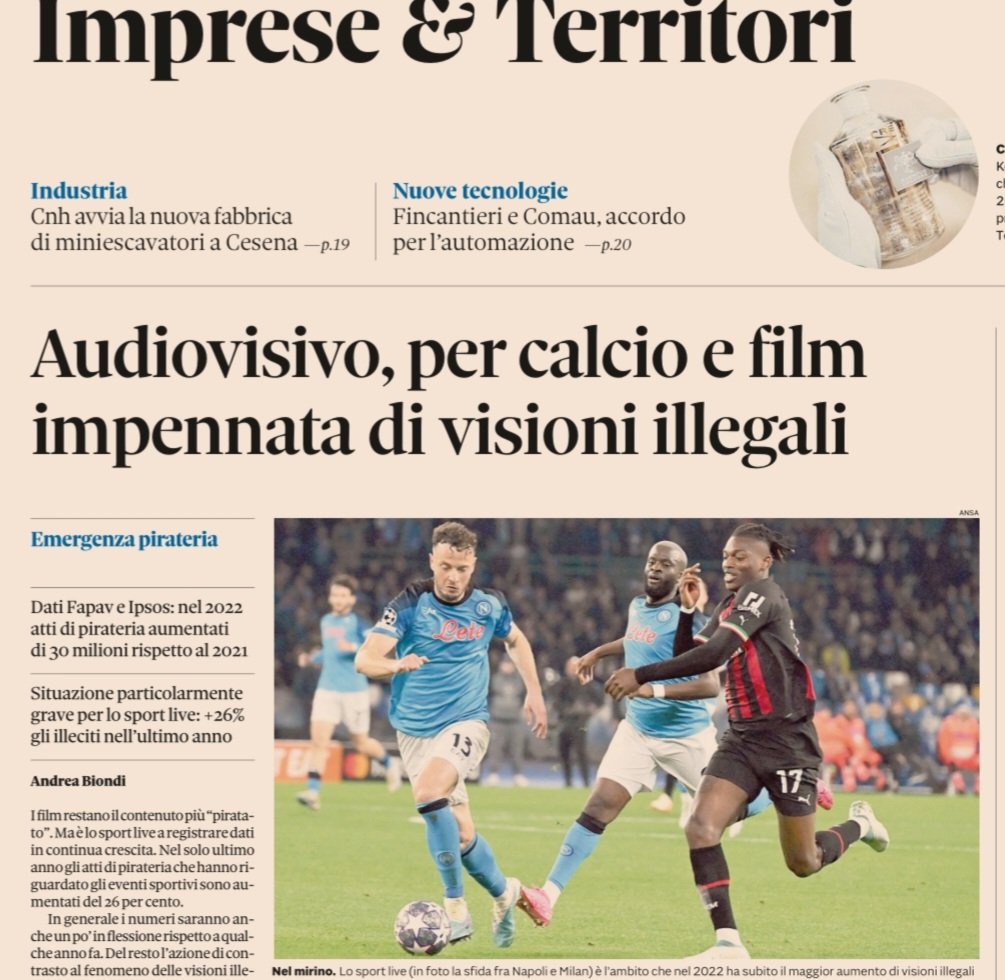 Nell'ultimo anno 30 milioni di illeciti in più. E preoccupa il trend dello #sport live: qui la #pirateria cresce ininterrottamente dal 2017. Le visioni illegali di #calcio e #film sono un'emergenza per l'#audiovisivo. Dati <a href="/FAPAV_IT/">FAPAV</a> e @IpsosItalia. Oggi sul <a href="/sole24ore/">IlSole24ORE</a> #media