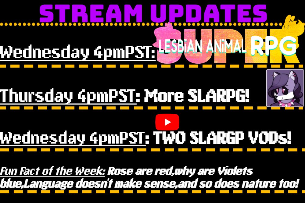 STREAM UPDATE!
#twitch #streaming 
Belated update,thanks to my teeth starting to hurt again after so long!
More SLARPG as expected,even tho June is already over! 
This means more work for me,AND thanks to my newly gained pain,i might have trouble streaming...

We'll see!...