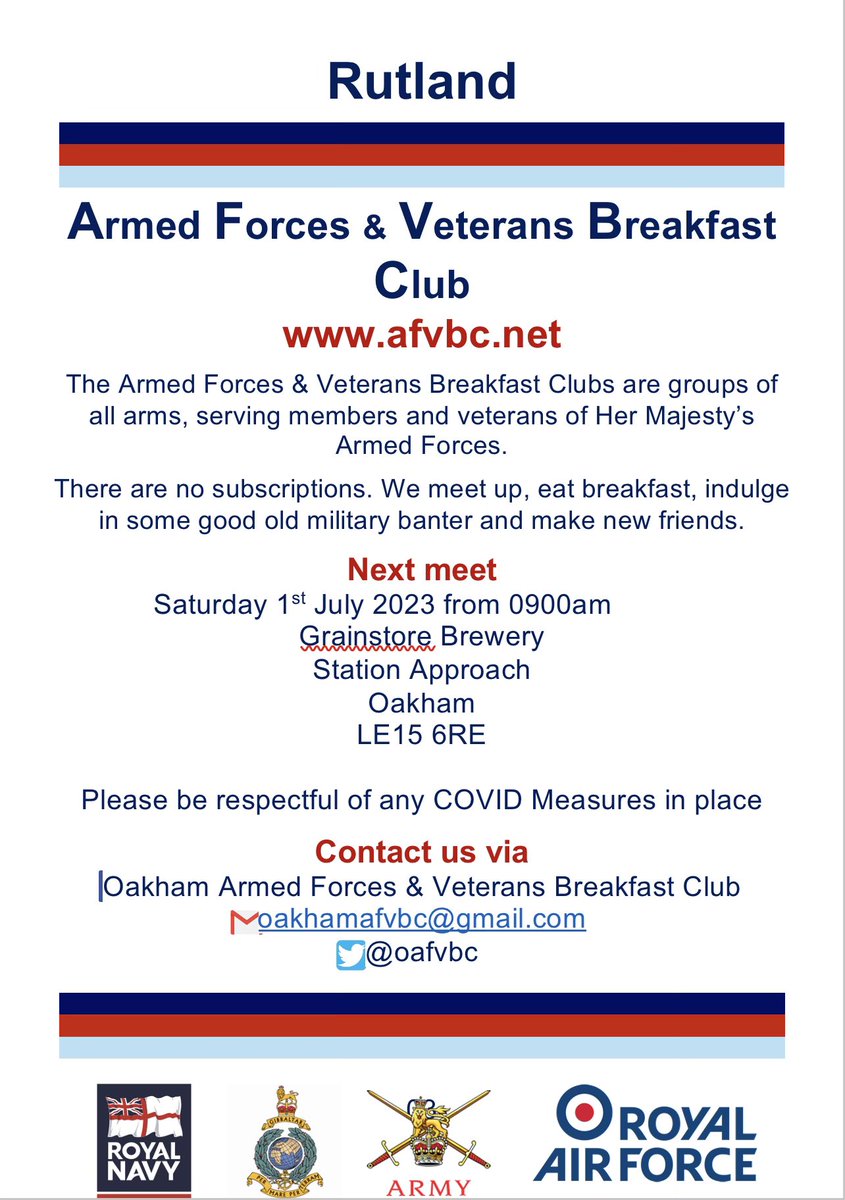 We go again!
Our regular monthly meet up is this Saturday, if your part of the Armed Forces community or connected please join us <a href="/thegrainy/">Grainstore Brewery</a> <a href="/RutStamSound/">Rutland & Stamford Sound</a> <a href="/7thRats/">7 (UK) Brigade</a> <a href="/RAnglians/">Royal Anglian Regiment Charity</a> <a href="/K9MWDM/">National Military Working Dogs Memorial 🐾</a> <a href="/RBLOakham/">Royal British Legion Oakham</a> <a href="/RafaRutland/">RAFA Rutland</a> <a href="/RAF_Wittering/">RAF Wittering</a> <a href="/RoyalNavyFPS/">Royal Navy Family and People Support</a> <a href="/RutlandLL/">RutlandLordLieutenant</a> <a href="/HWRutland/">Healthwatch Rutland</a> <a href="/RutlandCAB/">Citizens Advice Rutland</a> @